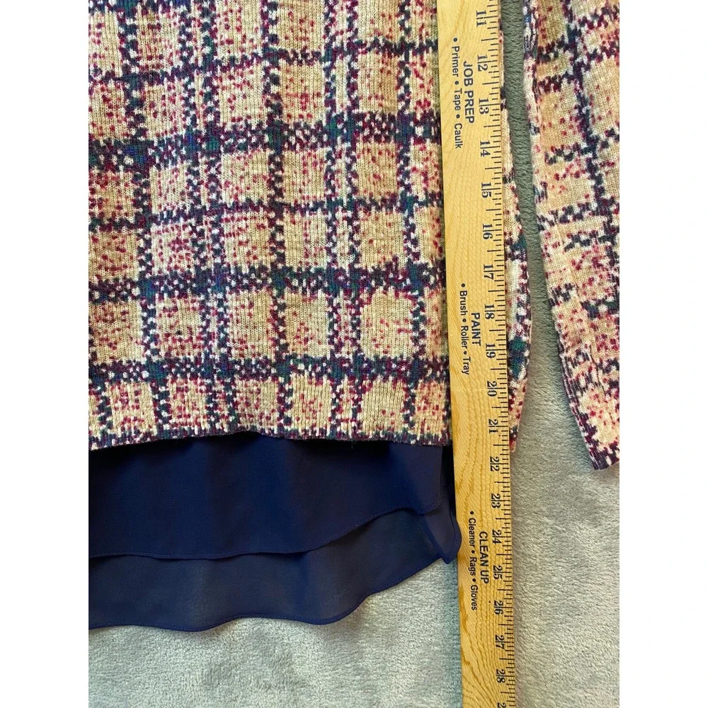 Lucky Brand Mixed Media Plaid Sweater Navy Blue Chiffon Split Back XS